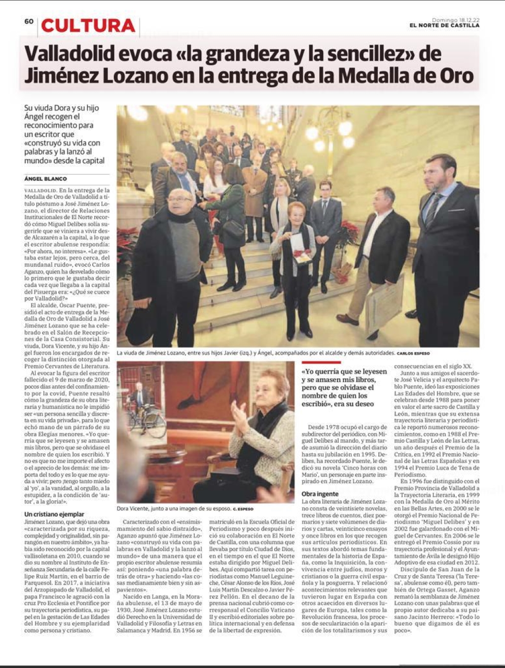 Entrega de la Medalla de Oro de Valladolid a título póstumo a José Jiménez Lozano